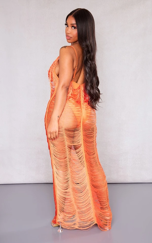 Shape Robe Longue Orange Vif Détail Franges 2 Shape Robe Longue Orange Vif Détail Franges – Image 2