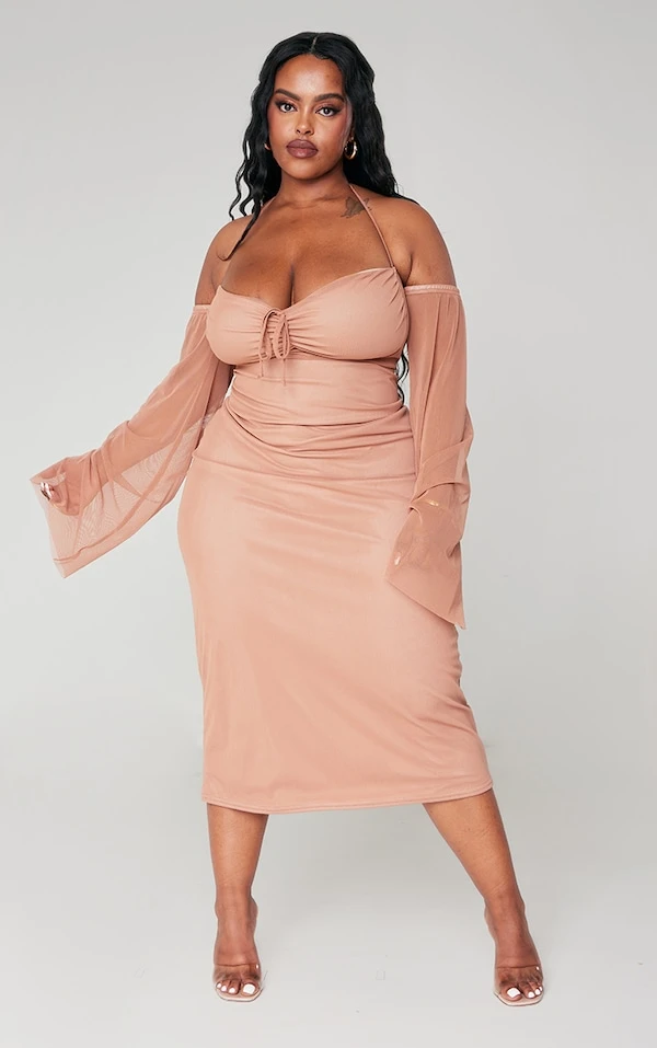 Plus Robe Mi-longue En Mesh Froncé Mauve Détail Buste Et Manches 3 Plus Robe Mi-longue En Mesh Froncé Mauve Détail Buste Et Manches – Image 3