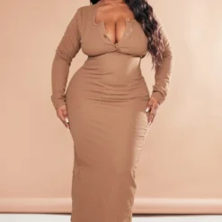 Plus Robe Mi-longue Texturée Chocolat à Boutons