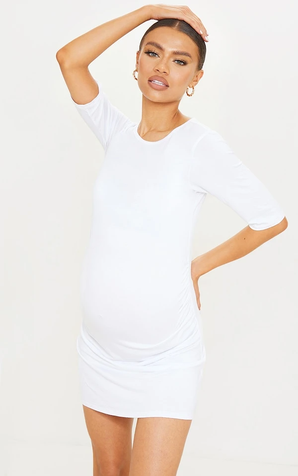 Maternité Robe De Grossesse Tee-shirt Basique Blanche à Manches Courtes 3 Maternité Robe De Grossesse Tee-shirt Basique Blanche à Manches Courtes – Image 3