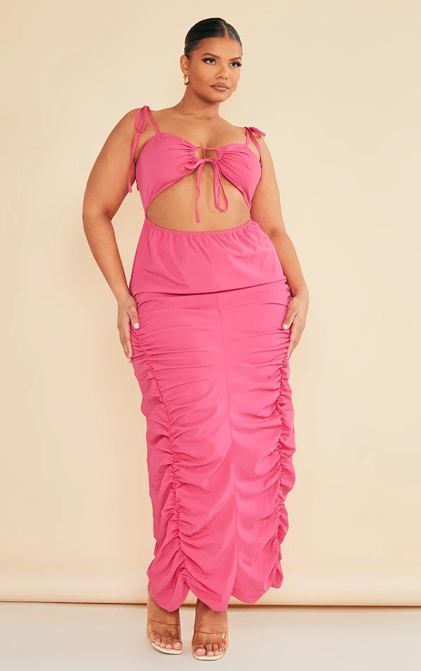 Plus Robe Mi-longue Froncée Découpée Rose Vif 1 Plus Robe Mi-longue Froncée Découpée Rose Vif