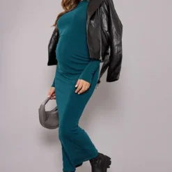 Maternité Robe Mi-longue De Grossesse Vert émeraude Froncée à Manches Longues -Promos Jupe Éthérée Boutique f7f6aea8c0aafebc6e5a549322b974901db878b8 cnc4891 3