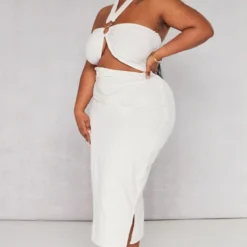 Plus Robe Mi-longue Dos Nu Gris Pierre à Détail Anneau