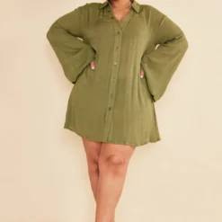 Plus Robe Chemise Crêpée Vert Olive