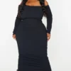 Plus Robe Côtelée Noire Froncée Sur Les Côtés à Col Bardot