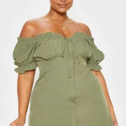 Plus Robe Droite Kaki à Col Bardot Et Boutons