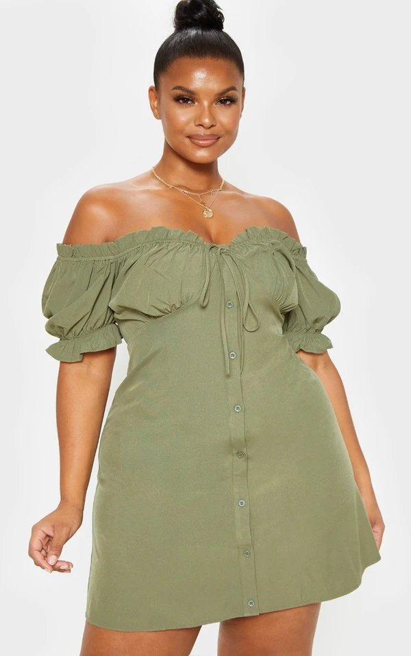 Plus Robe Droite Kaki à Col Bardot Et Boutons 1 Plus Robe Droite Kaki à Col Bardot Et Boutons