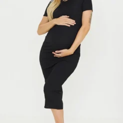 Maternité Robe De Grossesse Mi-longue Noire Côtelée à Col Ras-du-cou