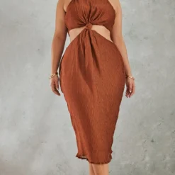 Plus Robe Mi-longue Plissée Chocolat à Détail Noeud