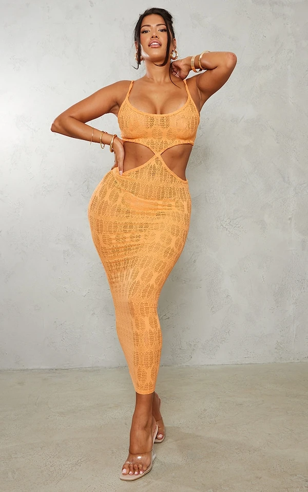 Shape Robe Longue Texturée Orange Découpée à Bretelles 1 Shape Robe Longue Texturée Orange Découpée à Bretelles