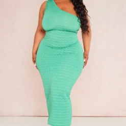 Plus Robe Mi-longue Vert Olive Effet Bulle Texturée Asymétrique