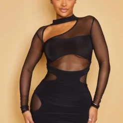Shape Robe Très Moulante En Mesh Superposé Noir à Manches Longues