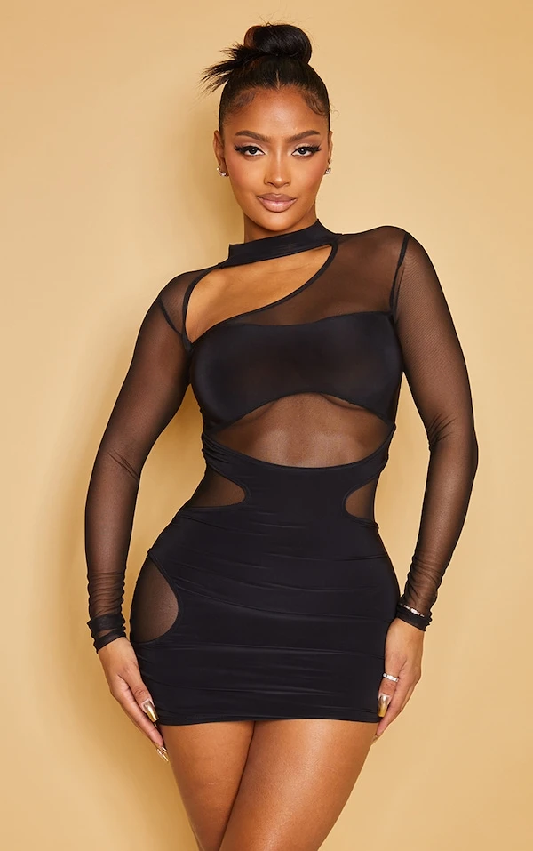 Shape Robe Très Moulante En Mesh Superposé Noir à Manches Longues 1 Shape Robe Très Moulante En Mesh Superposé Noir à Manches Longues