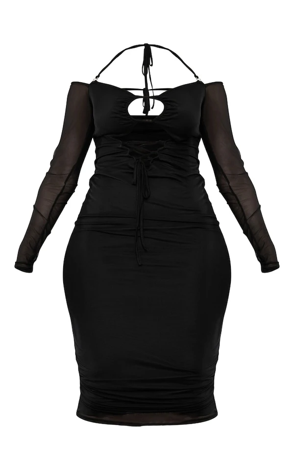 Shape Robe Longue Noire En Mesh Froncé à Col Bardot Et Manches évasées 5 Shape Robe Longue Noire En Mesh Froncé à Col Bardot Et Manches évasées – Image 5
