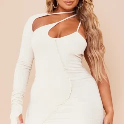 Shape Robe Moulante Gris Pierre Texturée à Manche Asymétrique Et Coutures