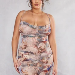 Plus Robe Moulante En Mesh Multicolore Imprimé Renaissance à Col Bénitier